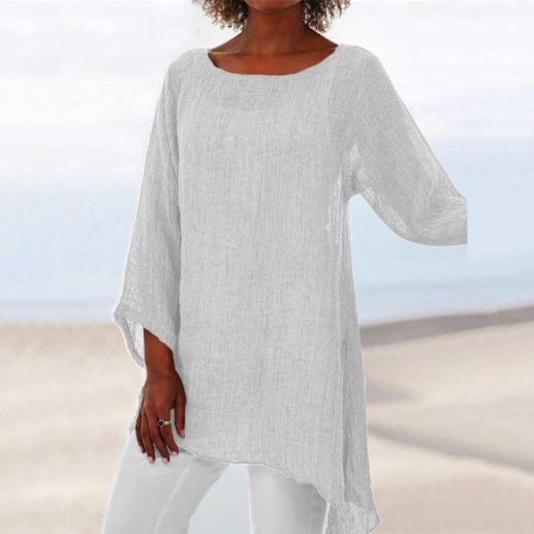 Autumn Chic Loose Pullover Blouse Long Sleeve O Neck Irregular Hem T Shirt Women