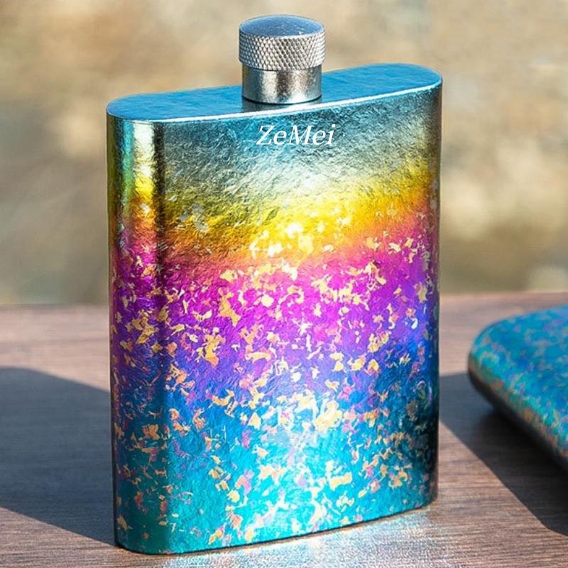 Portable Pure Titanium Hip Flask,3.4oz Spirits Vodka Cup Outdoors Whiskey Hip Flask,Flat Shape Flagon Men Gift Multiple Options
