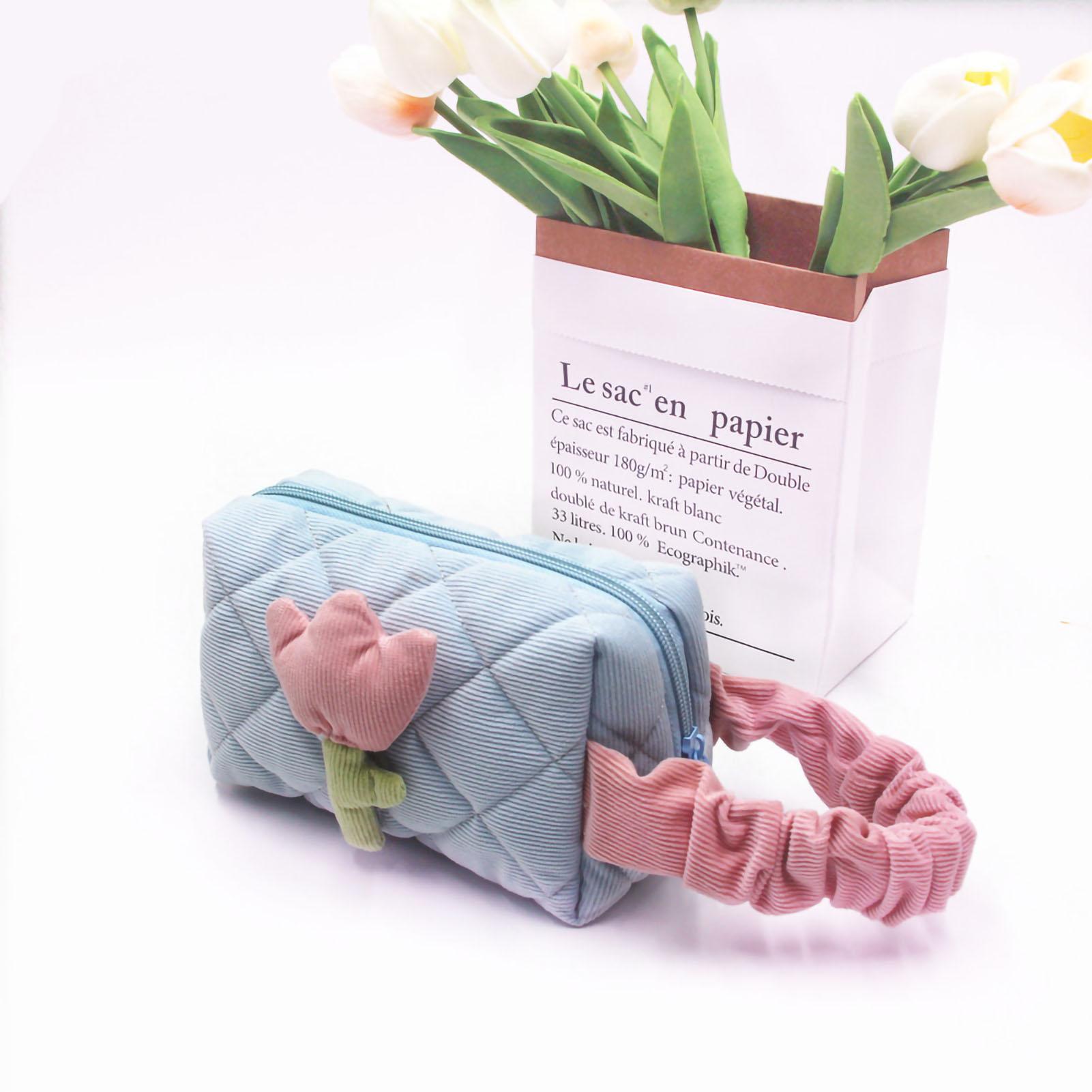 

Cosmetic Bag Corduroy Tulip Large Capacity Portable Lovely Toiletry Storage Bag for Girls Taro