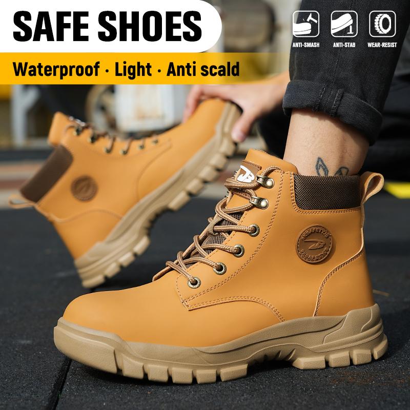Fashion Mens Steel Toe Safety Boots Waterproof Leather Work Shoes Protective Work Boots High Top Safety Shoes Man Labor Protection Shoes