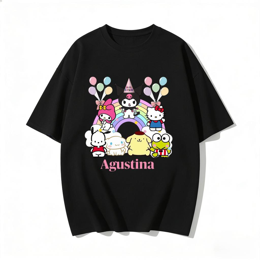 2026 New Sanrio Characters Birthday Cartoon Print Tshirt Family Matching Outfits Casual Short Sleeve Tee for Women Unisex Kids Tee