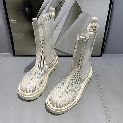Fashion Spring and Autumn New Thick Heel Cool Boots Women's Fashion Round Head Mesh Cloth Breathable Comfortable Mid-calf Boots