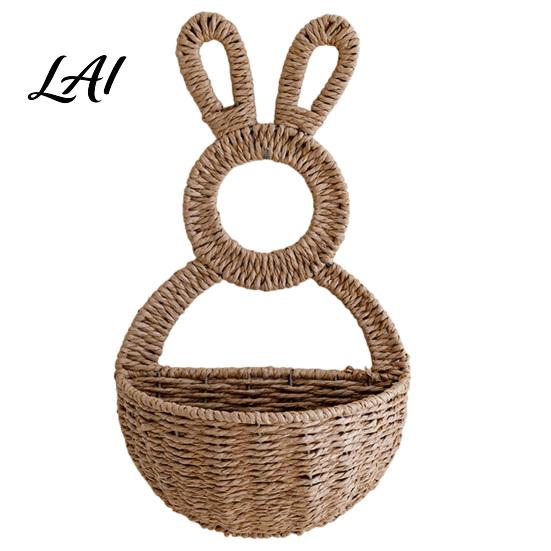 Rustic Rabbit Wall Decor Easter Bunny Woven Basket Handmade Hanging Basket Cute Animal Shaped for Dried or Faux Flowers Plants Farmhouse Home