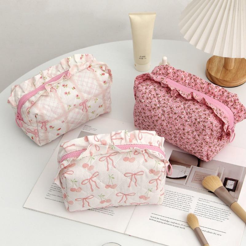 Ruffled Edge Bowknot Floral Print Makeup Bag Large Capacity Quilting Pen Bag Women Cosmetic Storage Bag Travel Wash Bags Clutch