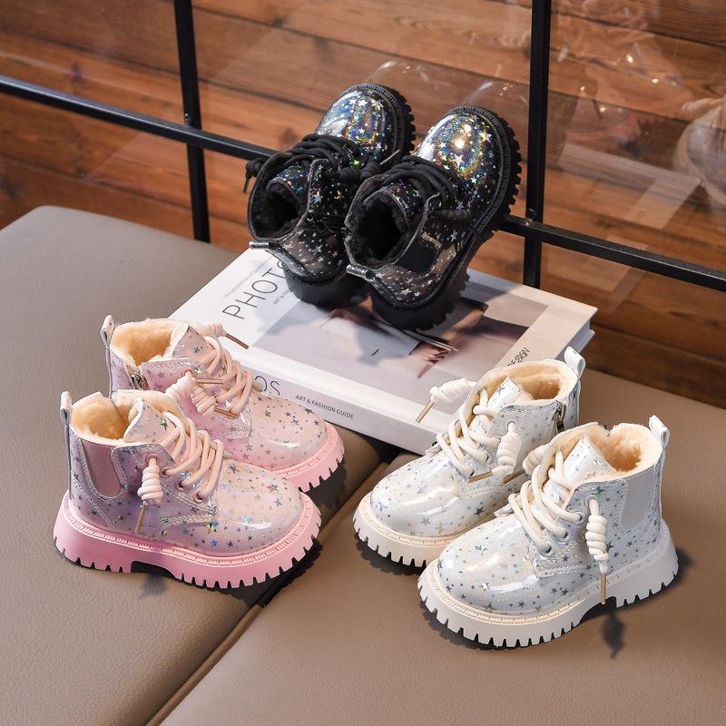 Girls' Fashion Martin Boots, Winter New Arrivals Children's Fleece-lined Boots, Versatile Soft-Sole Warm Low-Cut British Style Boots.