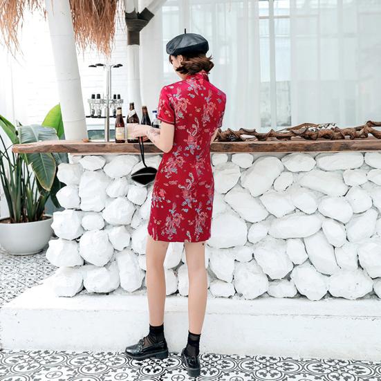 Damen Sommer Cheongsam Stehkragen Drache Phönix Print Geteilter Saum Qipao Slim Fit Retro Chinesischer Stil Über Knie Länge Hochzeit Party Cocktailkleid