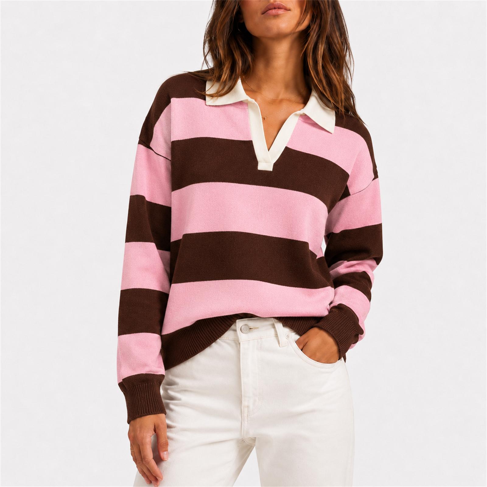 Women s Striped Knit Sweater with Collar for Casual Everyday L розовый