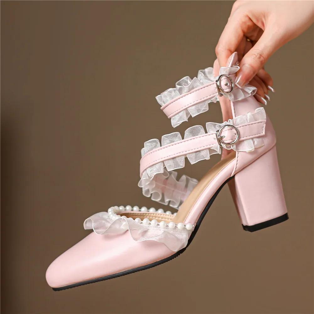 Fashion 2025Spring Summer New Ladies Heels Lace Princess Mary Jane Cute Lolita Shoes Party High Heel Buckle Women Pumps Pink Black White