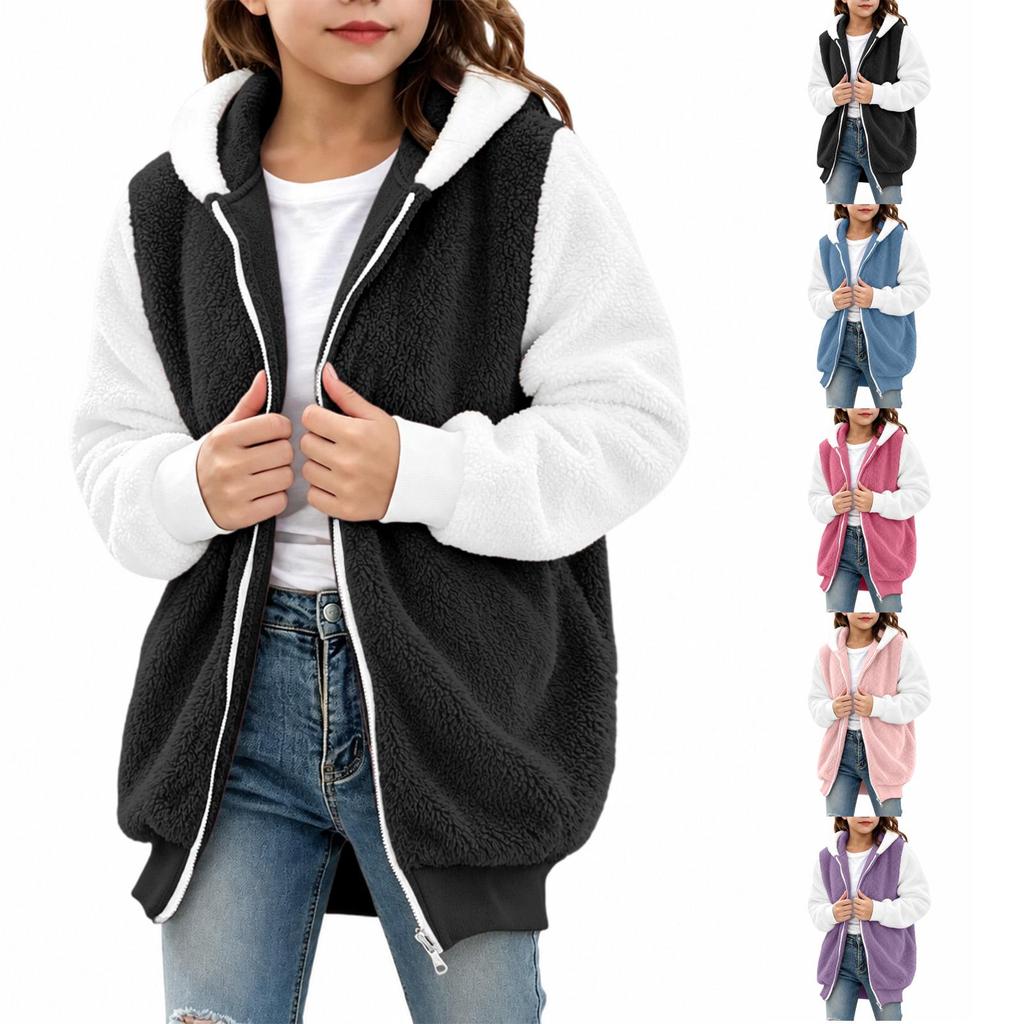Girls' Casual Color Long Sleeve Hooded Jacket with Pockets for Everyday Wear