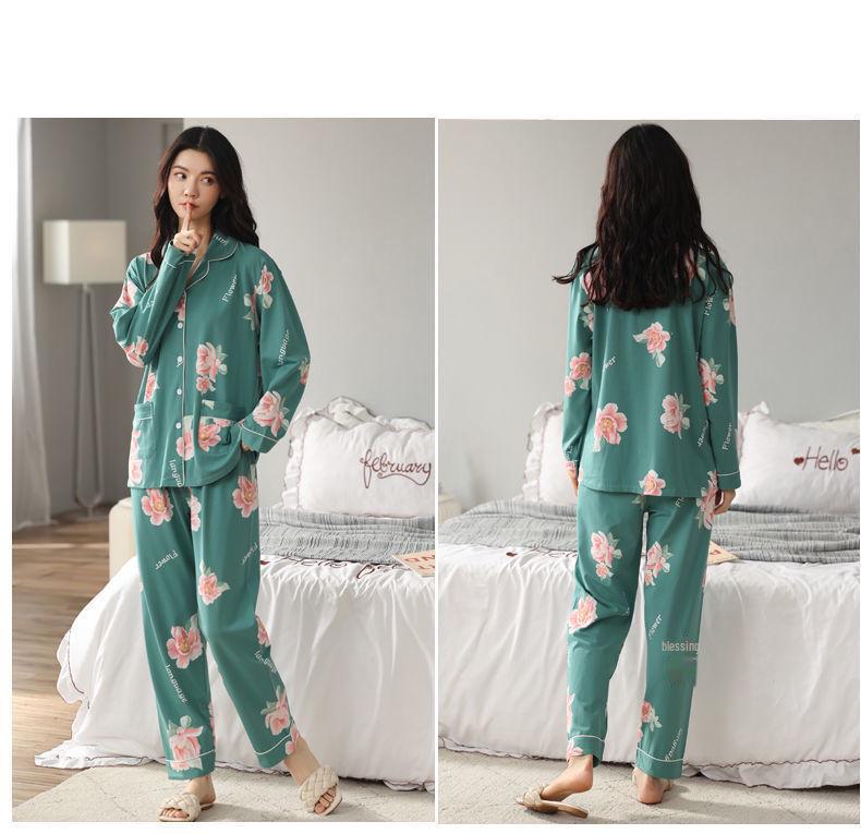 Langarm-Schlafanzug für Damen aus 100 % Baumwolle für Frühling und Herbst: Locker sitzende Homewear für Frauen mittleren Alters