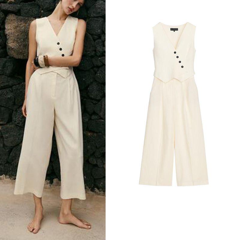 Summer New Product Women's Clothes Pleated Design V Neck Sleeveless Linen Blended Long Vest Jumpsuit 3344709