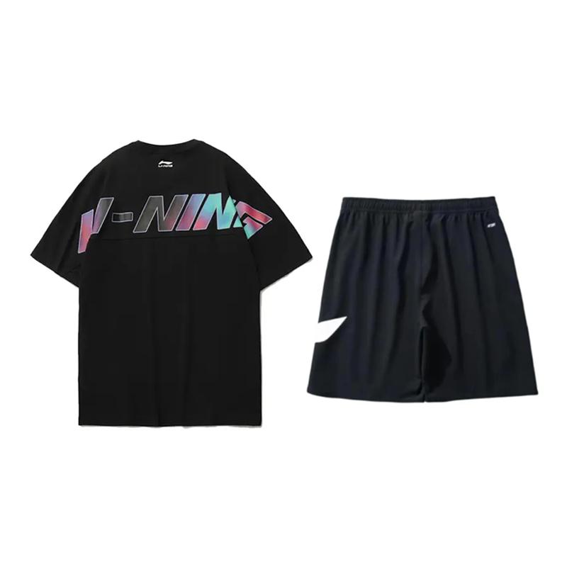 Li Ning Colorful Letter Logo Print Fashion Versatile Round Neck Short Sleeve T-Shirt Casual Sports Set Unisex Tops YHSU189-1+YKSV197-2