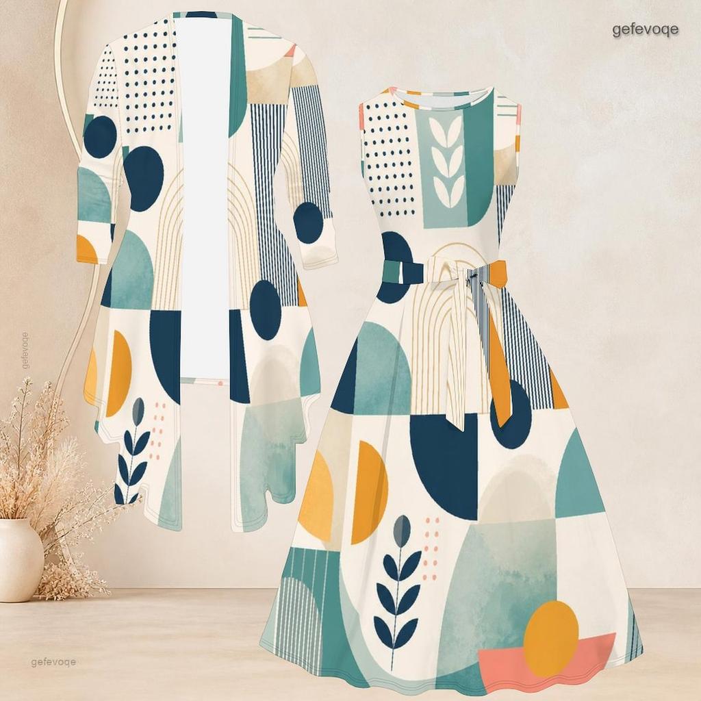 Women Plus Size Two Piece Set Sleeveless Crew Neck Tie Waist Flared Dress Long Sleeve Open Cardigan Geometric Printed Black Gold Gray