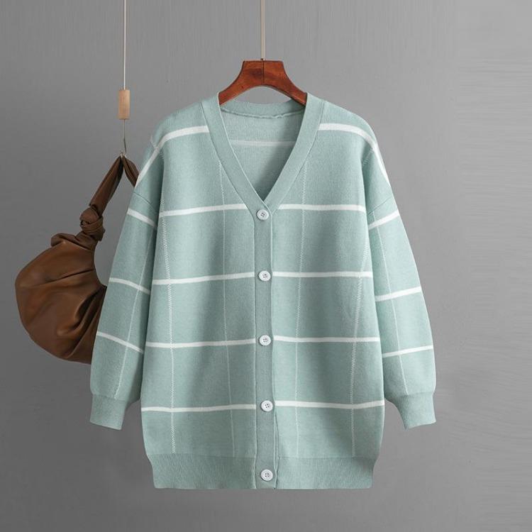 Autumn Winter Women Jacquard Sweater Loose Knit Coat V Neck Long Patterned