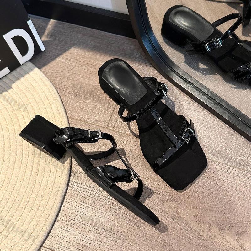 Fashion Large Size Women Shoes 2025 Summer Fashion Non Slip High Heel Slippers Outdoor Square Toe Chunky Heel Buckle Strap Women Sandals