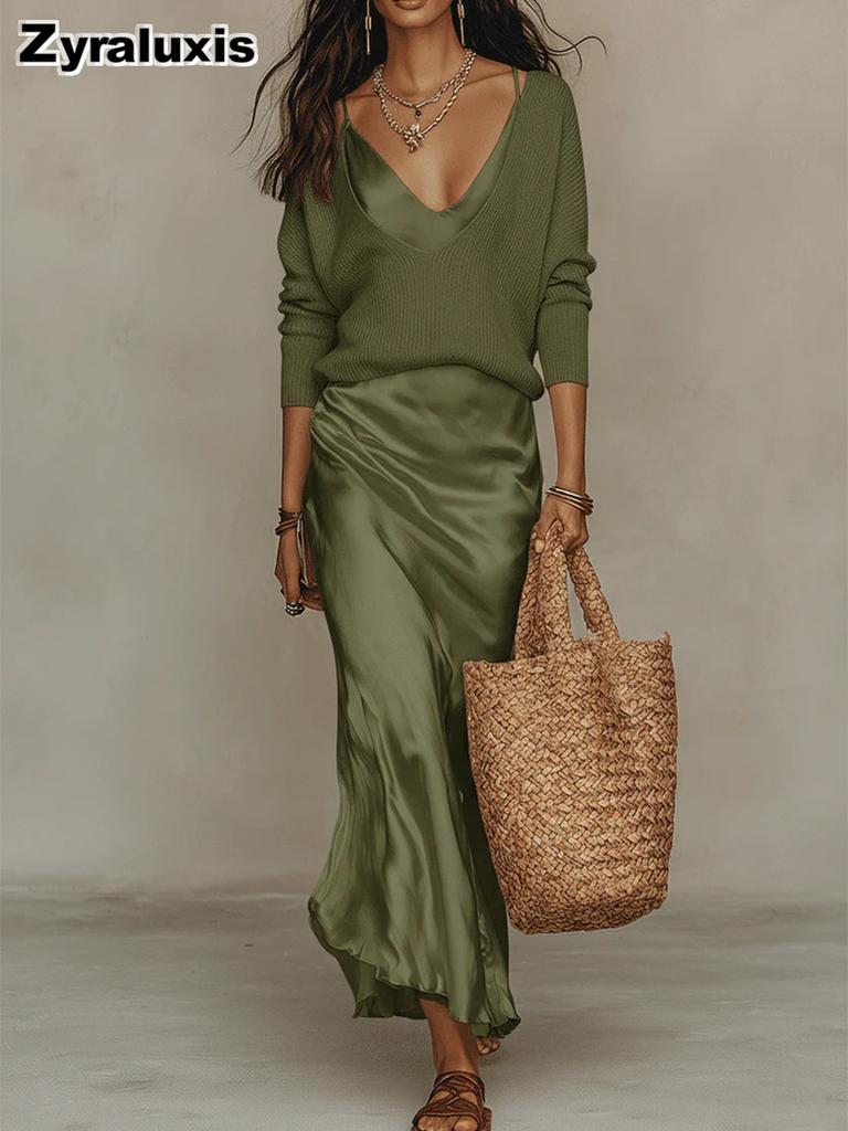 Fashion New Women's Top + Satin Dress Set for Office Wear