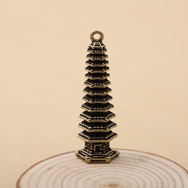 Retro-Style Pure Brass Nine-Story Wenchang Pagoda Pendant Keychain with Five Emperors Coin