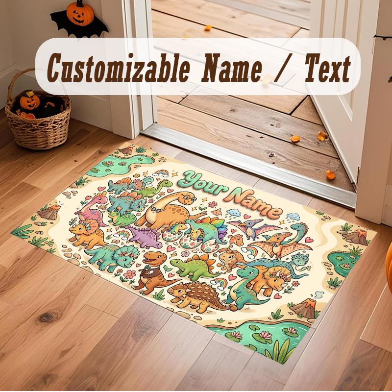 Dinosaur Theme Soft Crystal Velvet Rug Custom Name & Text Print Non Slip Floor Rug for Bedroom Living Room