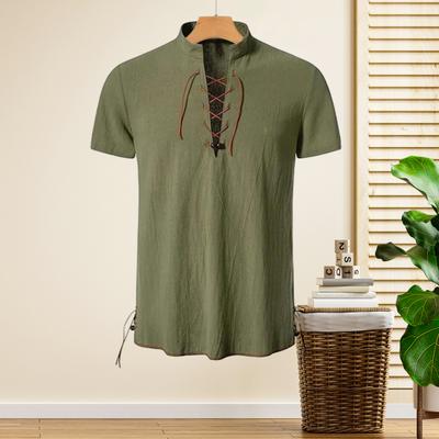 Men Band Collar Short Sleeve Shirt Casual Beach Solid Color Top Tee with Straps Summer Shirts for Daily Vacation Work