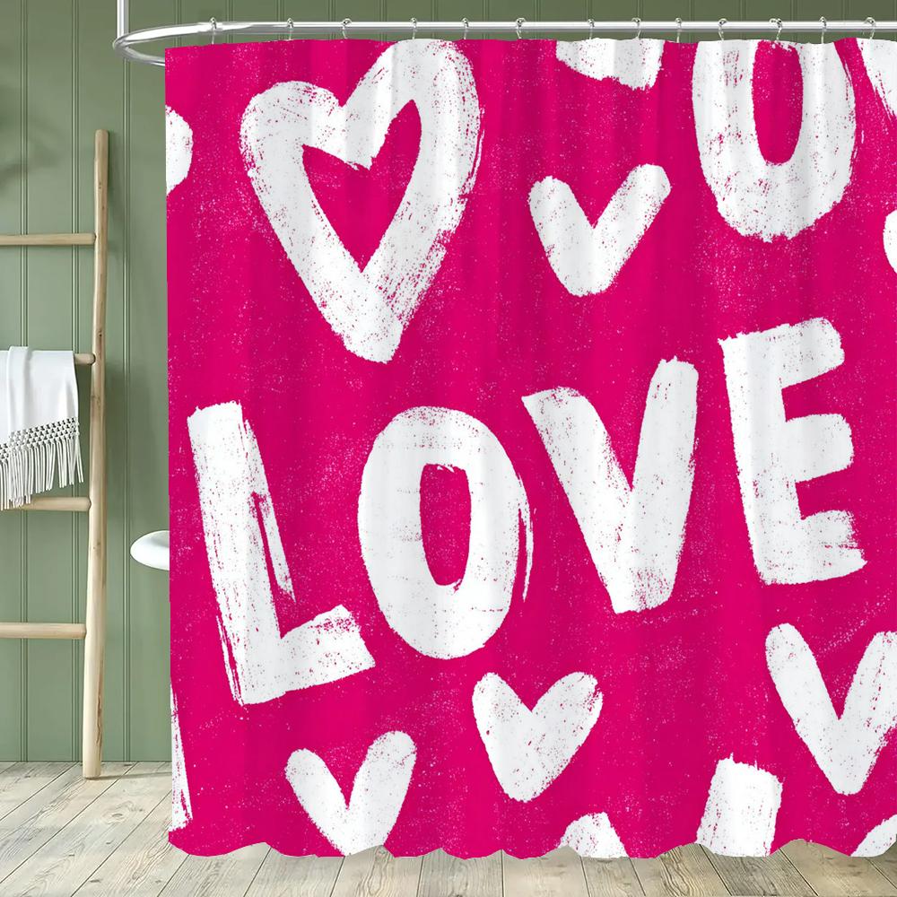 Modern Red Love Pattern Shower Curtain,Lover Printed Polyester Fabric Decorative Bathroom Curtain, Home Curtain with Hooks