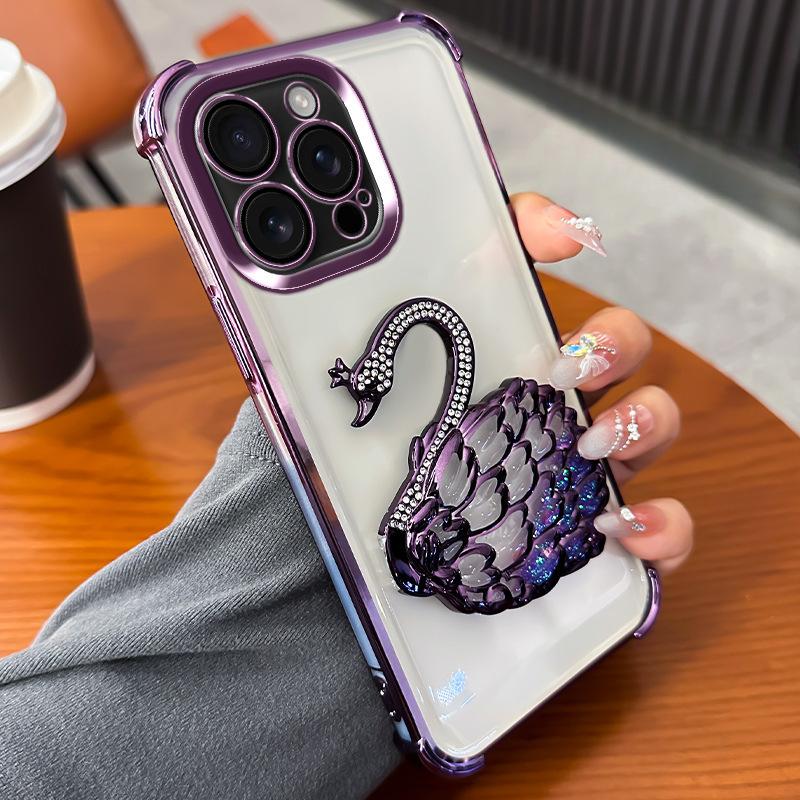 Applicable To Apple 16 Rhinestone Swan Holder Mobile Case Four-corner Anti-fall IPhone15 ProMax Advanced Protection Case