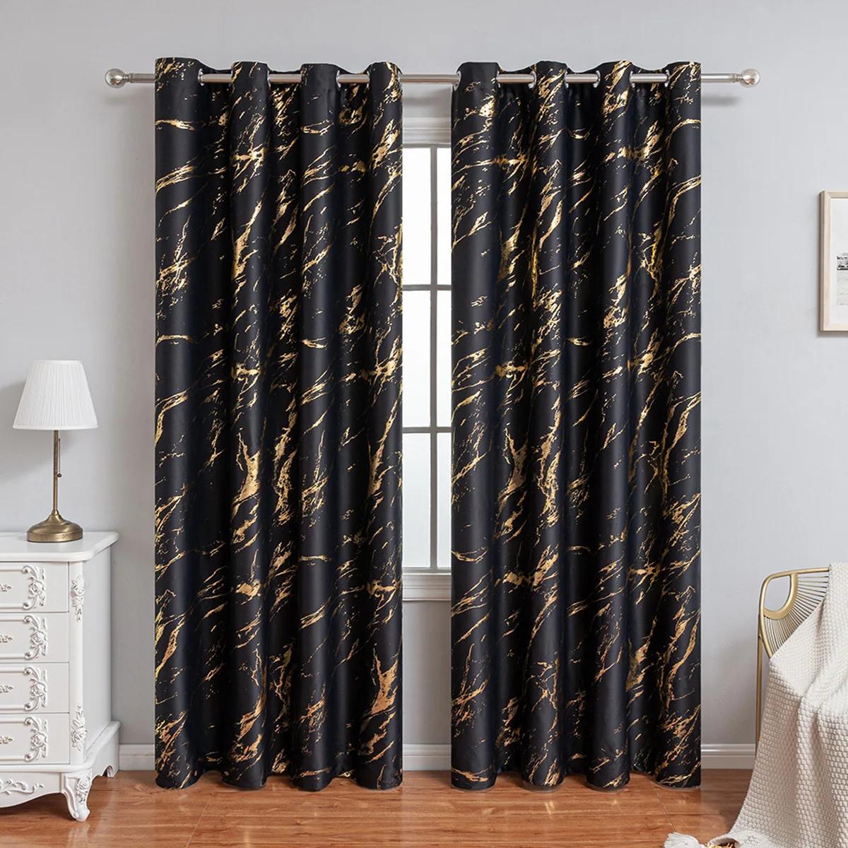

Single Panel Modern Marble Pattern Curtain Gold Foil Precision Drilling Home Decor Living Room Bedroom Curtains Polyester Ideal For Sitting W100*H70(CM)-Rod Pocket&2PCS