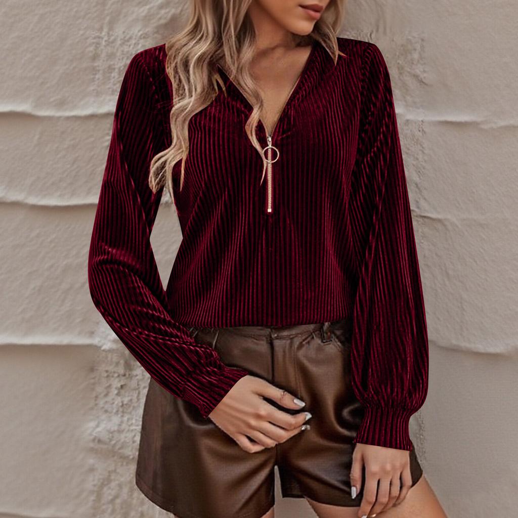 Women's Fashion Velvet Zipper Oversized Casual Long-Sleeve Top