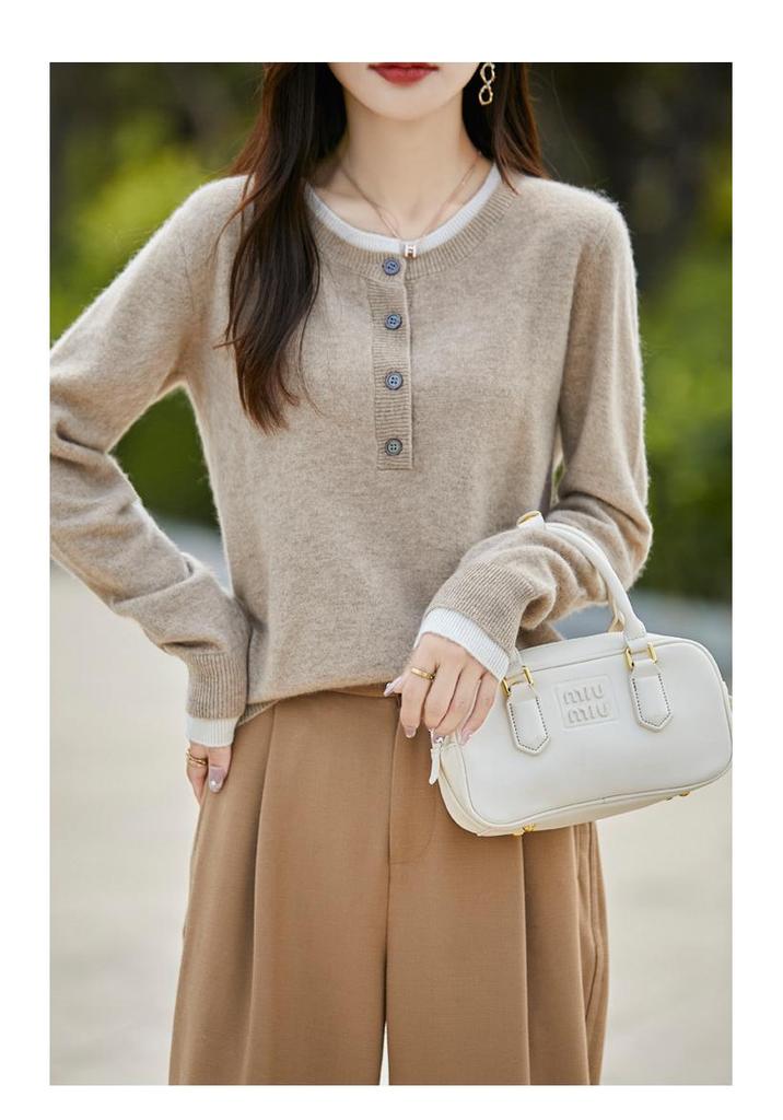 Women's Retro Color Block 100% Wool Round Neck Sweater - Slimming, Versatile, Stylish Knitwear for Autumn/Winter