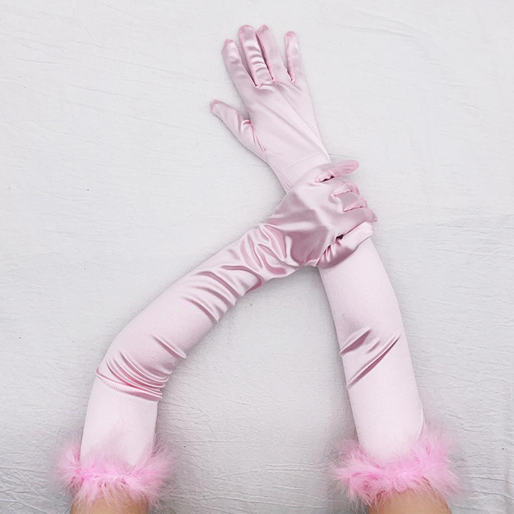 Feather Cuffs Long Sleeve Gloves Banquet Dress Gloves Solid Color Warm Satin Elastic Summer Spring Driving Gloves