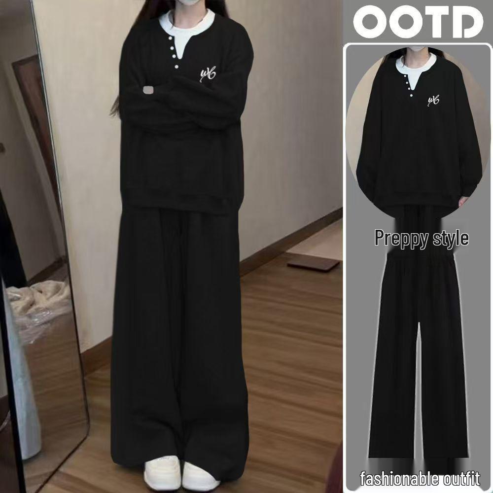 

Women s Korean Style Two-Piece Set: Hoodie & Wide-Leg Pants - Autumn/Winter Fashion OOTD Small