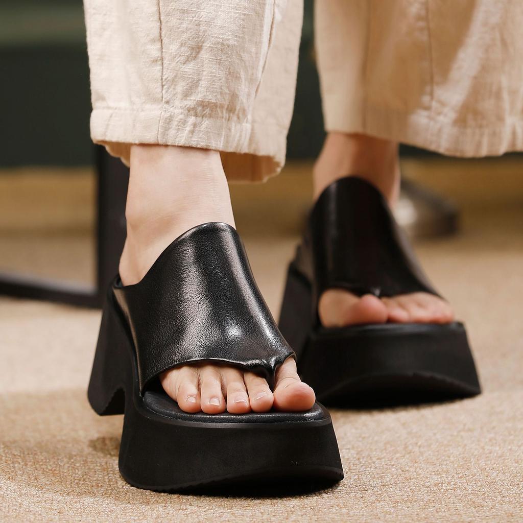 Johnature Chanclas de Cuero Genuino con Suela Gruesa Cuñas Retro para Exteriores Zapatillas Zapatos de Plataforma para Mujer