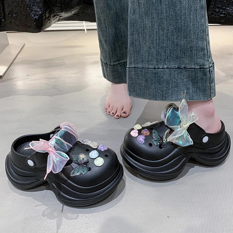 Fashion Colourful Butterfly Eva Clogs Shoes for Women Summer Laser Ribbon Wedge Sandals Woman Fashion Soft Thick Sole Slippers Female
