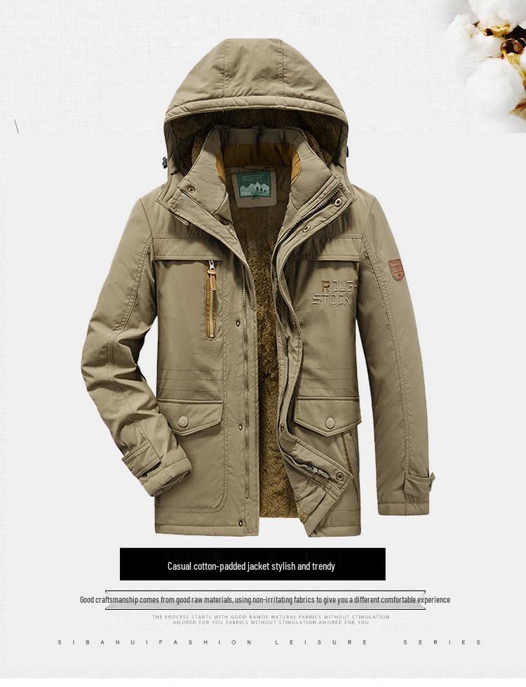 Men's Fleece-Lined Winter Coat - Thick, Casual, Multi-Pocket, Mid-Length Jacket for Middle-Aged and Elderly