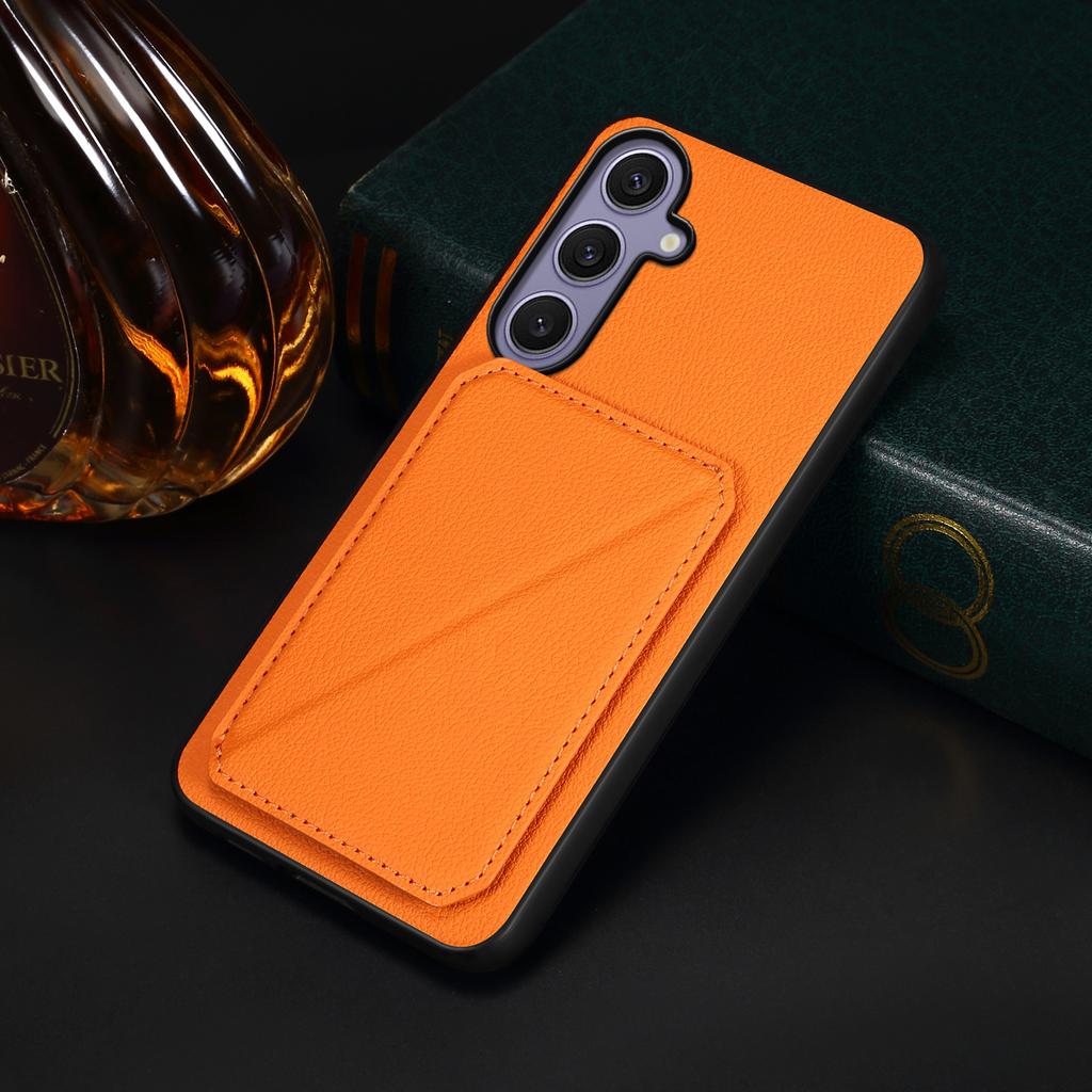 For Samsung Galaxy S25+ Case Card Holder Kickstand Calf Textured Leather + PC + TPU Phone Cover