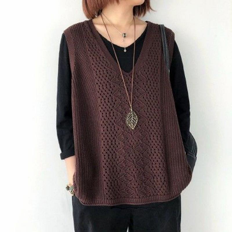 

Женский вязаный жилет без рукавов в стиле ретро, ​​женский ажурный жилет, свободный весенне-осенний дышащий жилет, свитер One Size кофейный
