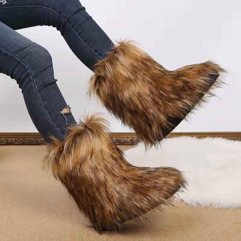 Wind European and American new color plush medium tube snow boots large size fluffy boots