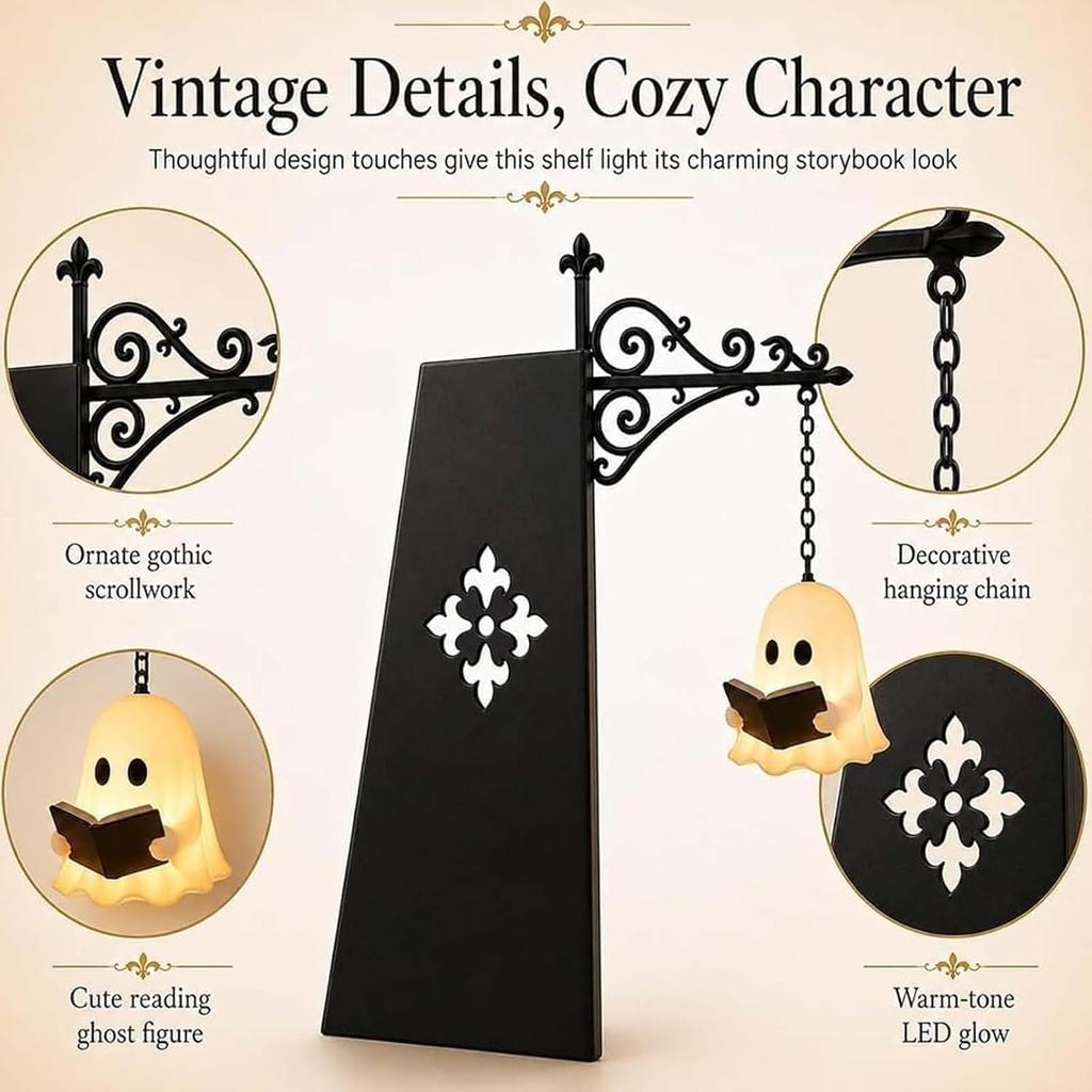 Ghost Bookshelf Lantern 3D Cute Ghost Lamp with Warm LED Night Light Hanging Mini Shelf Reading Lamp for Halloween Decor Cozy Bedroom Gift