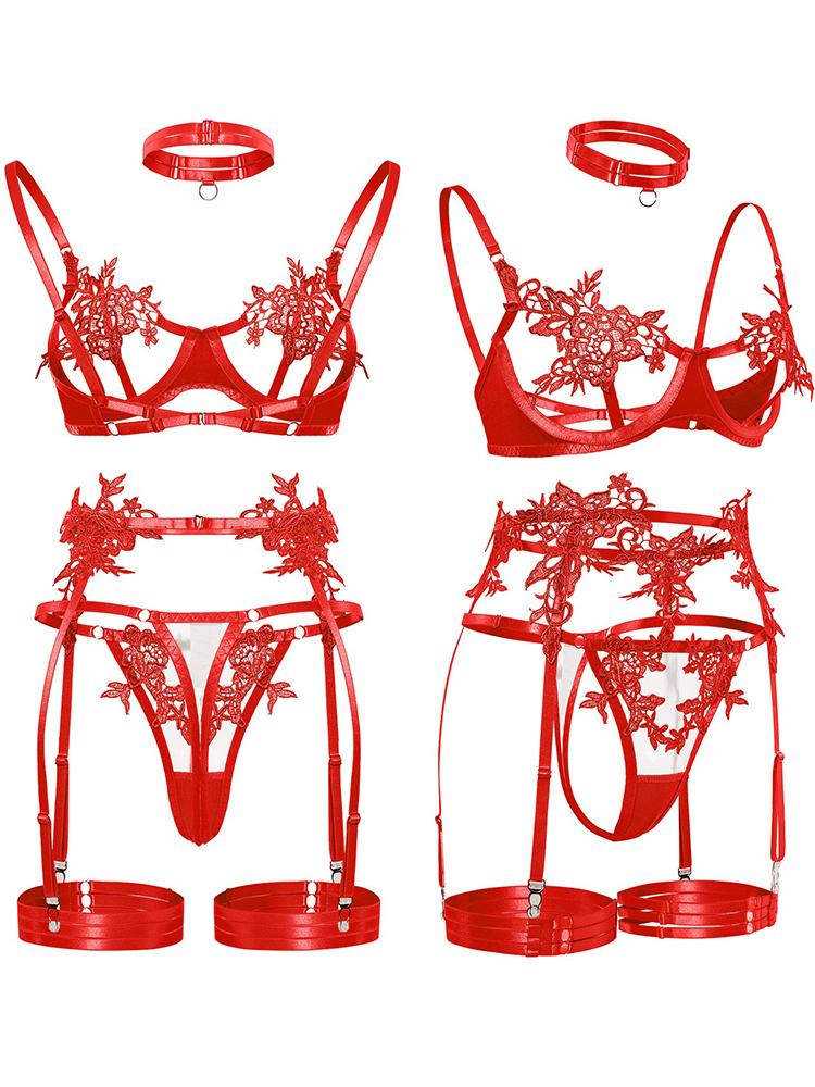 Lace Lingerie Hot Sheer Bralette & Garter Belt with Thong Strappy Open Cup Bra Harness Seductive Underwear for Women Sexy Outfit