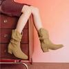 Fashion Women Chunky Heeled Western Boots Faux Suede Ankle Boots Woman Autumn Vintage Loose Tube Pleated Mid Calf Cowboy Botas Mujer