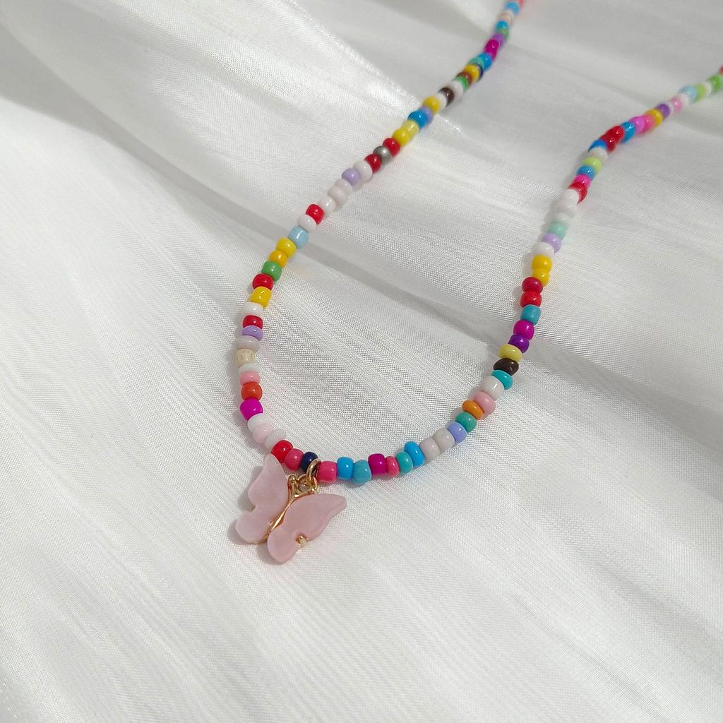 European Retro Bohemian Multi-Color Beaded Necklace with Butterfly Pendant