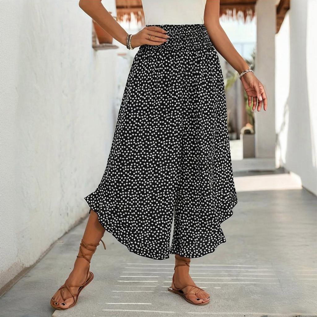 Women Casual Wide Leg Pants High Waist Loose Fit Polka Dot Print Elastic Waistband Palazzo Trousers