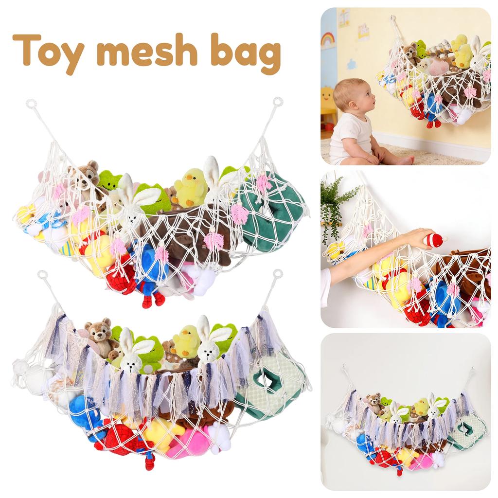Stuffed Animal Hammock Net Cotton Rope Hanging Plush Toy Storage Net with Tassel Room Decorative Toy Organizer Kids Stuffed Mesh