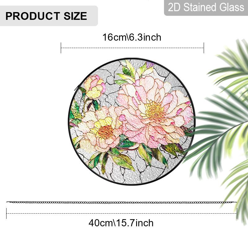 2D Flat Stained Glass Pink Peony Window Decoration, Elegant Colored Glass Plate with Chain, Charming Spring Summer Sun Catcher Wall Art Home Garden
