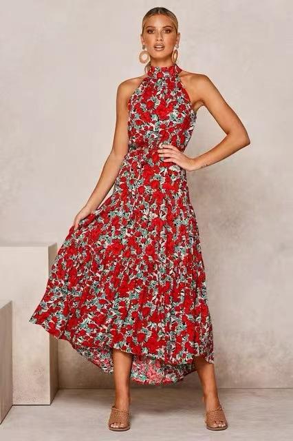 Women's long dress popular new neck polka dot printing lace-up dress