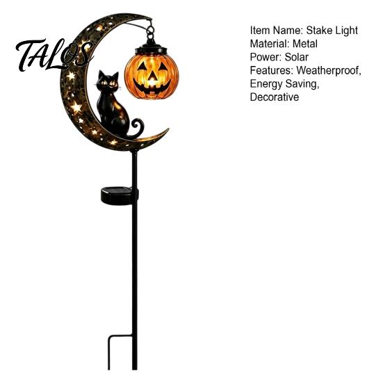 Solarbetriebene Outdoor-Halloween-Dekoration Schwarze Katze Mond-Erdspieß-Licht, Metall-Kürbis-Laterne mit Dekorativen Lichtern für Garten Warmes Leuchten, Gruselige Hof-Terrasse
