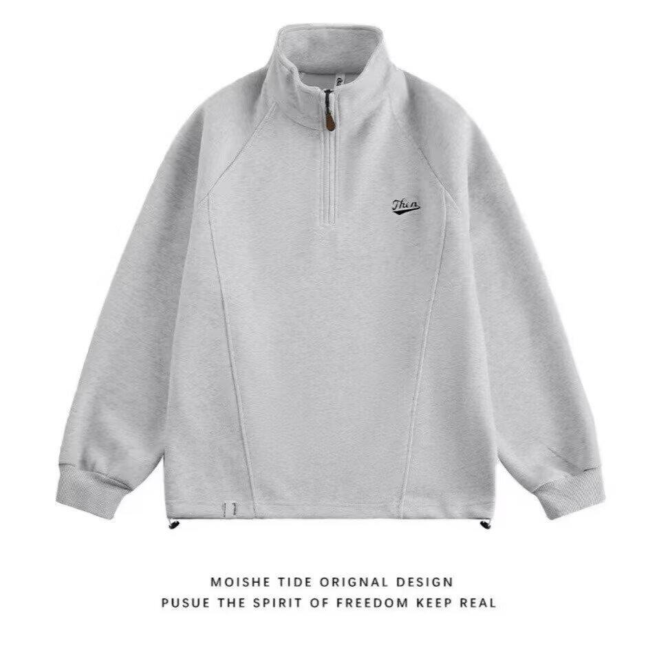 Trendy Oversized Heavyweight Embroidered Stand Collar Hoodie for Teens, Casual Loose Fit Half-Zip Sportswear M