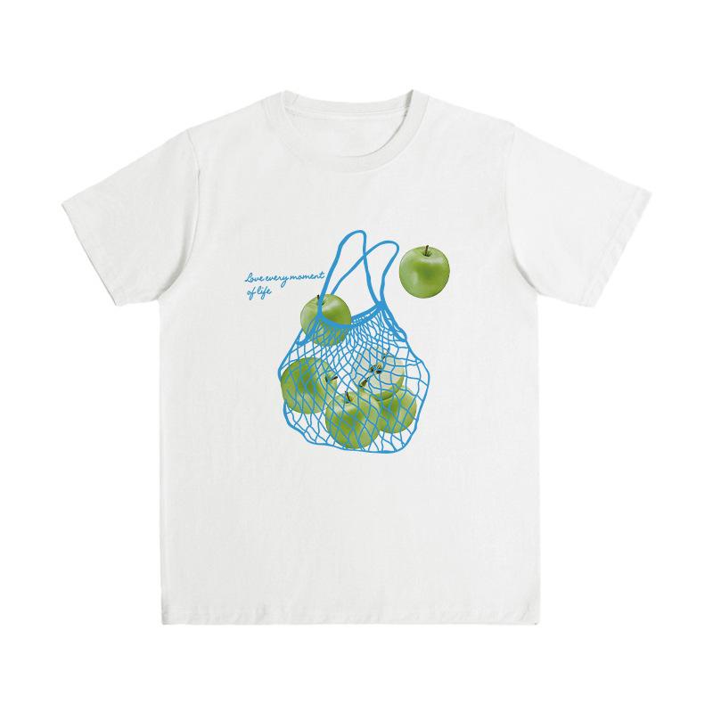 Korean green apple printed T-shirt women's summer loose bottoming shirt comfortable pure cotton inner top slack short sleeve