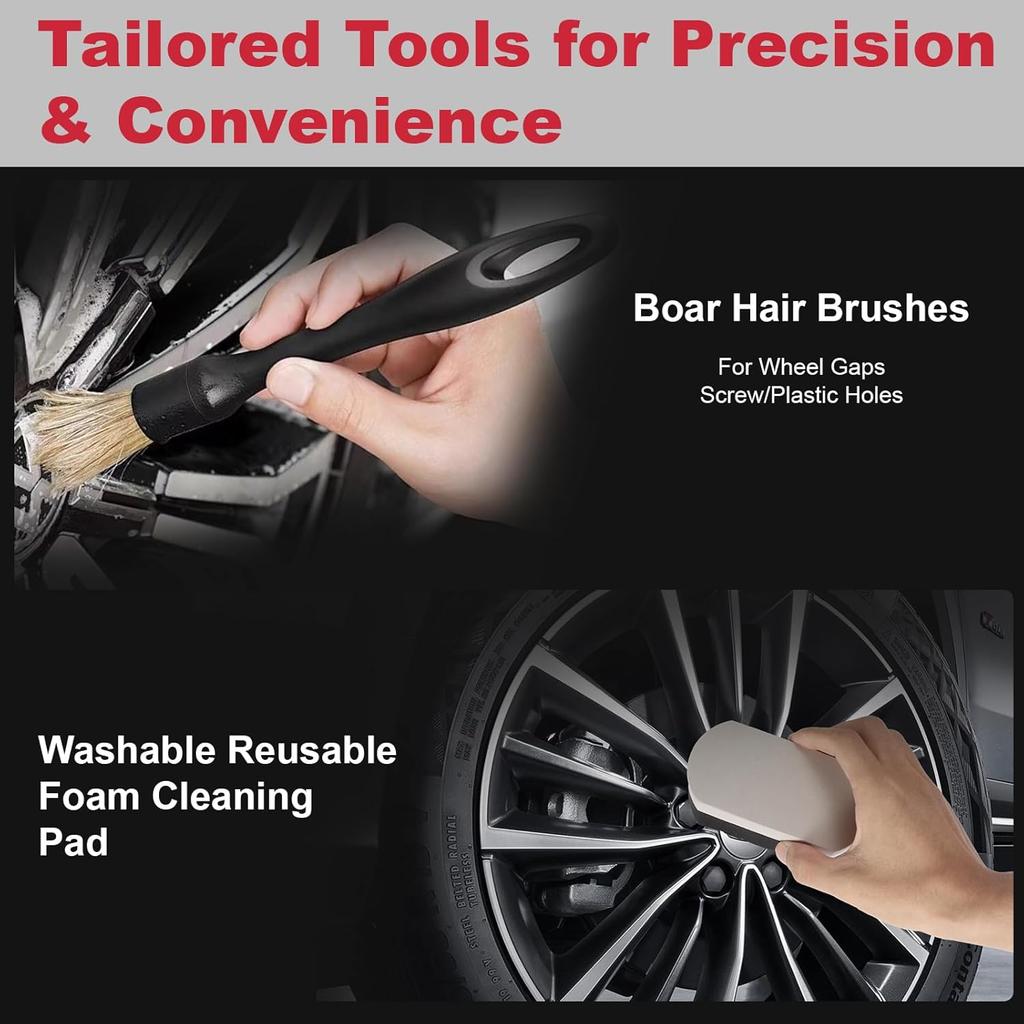 9PCS Scratch-Free Car Wheel Cleaning Kit - Soft Rims Brush, Microfiber Flat Wheel Brush, Boar Hair Detail Brush & Cleaning Pads, Microfiber Towel &