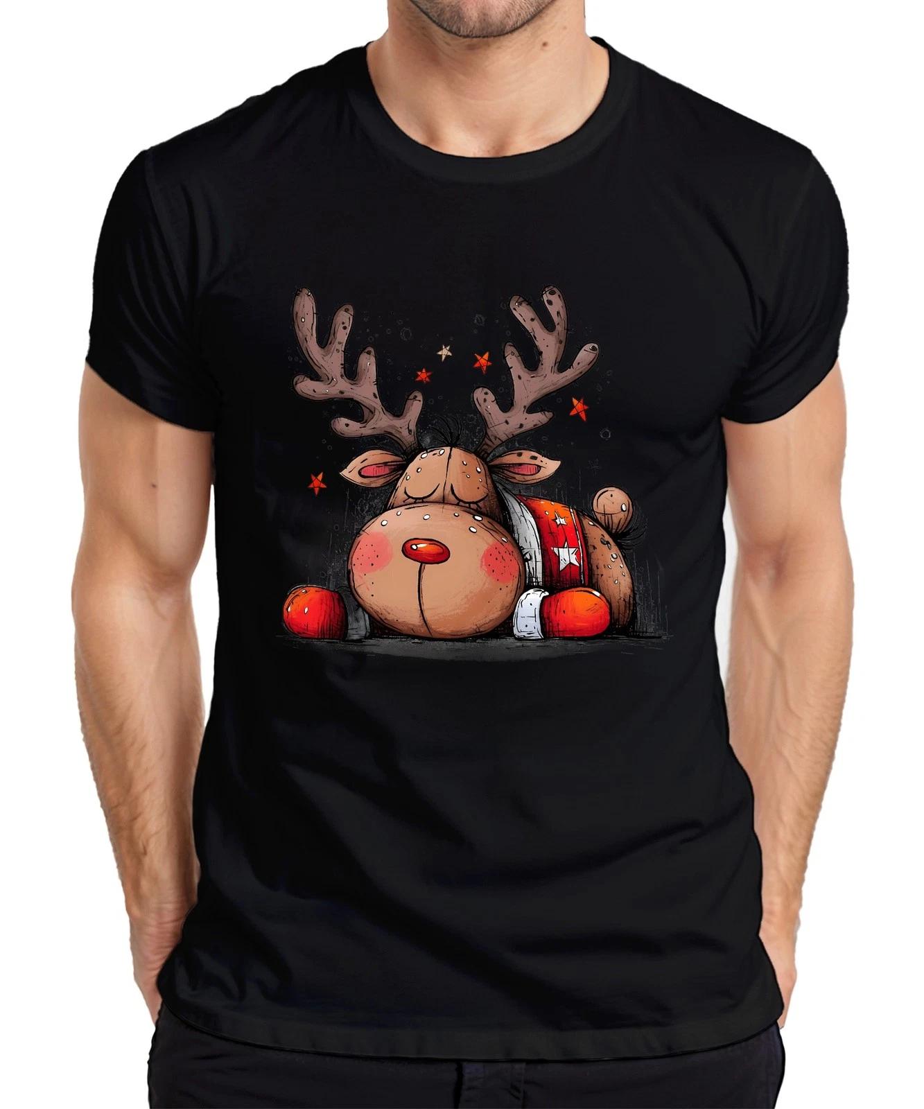 Christmas Sleeping Reindeer Red Nose Antlers Stars Cute Mens T-Shirt- S