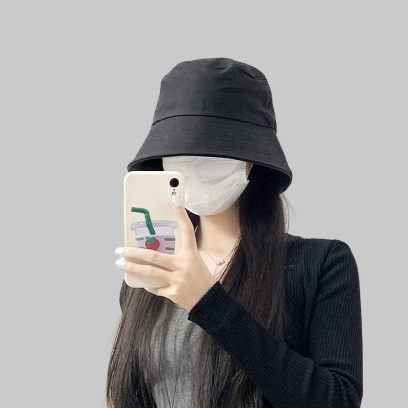 Black Fisherman's Hat Children's New Spring and Summer Big Head Circumference Showing Face Small Face Covering Sunscreen Bucket Too